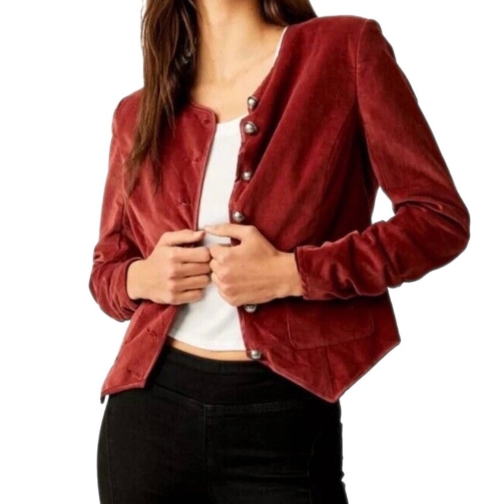 Free People NWT Red/Garnet Velvet/Velour Grotto Cropped Becky Jacket Size XS